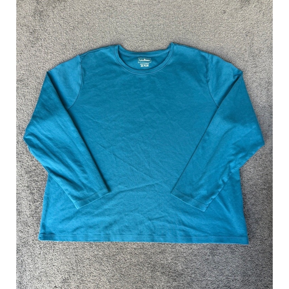 LL Bean Women 2X Plus Teal Blue Long Sleeve Crewneck 100% Cotton T-Shirt 503353